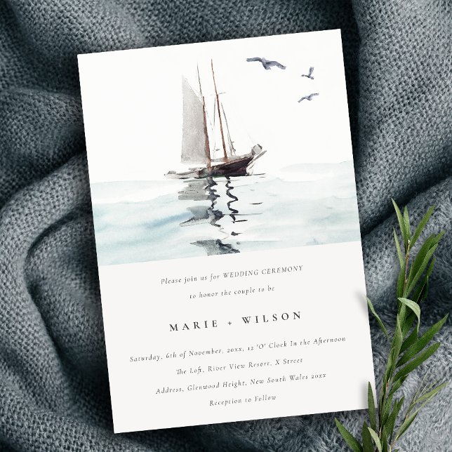 Elegant Watercolor Nautical Sailing Yacht Bröllop Inbjudningar (Skapare uppladdad)