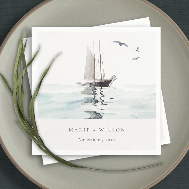 Elegant Watercolor Nautical Sailing Yacht Bröllop Pappersservett (Skapare uppladdad)
