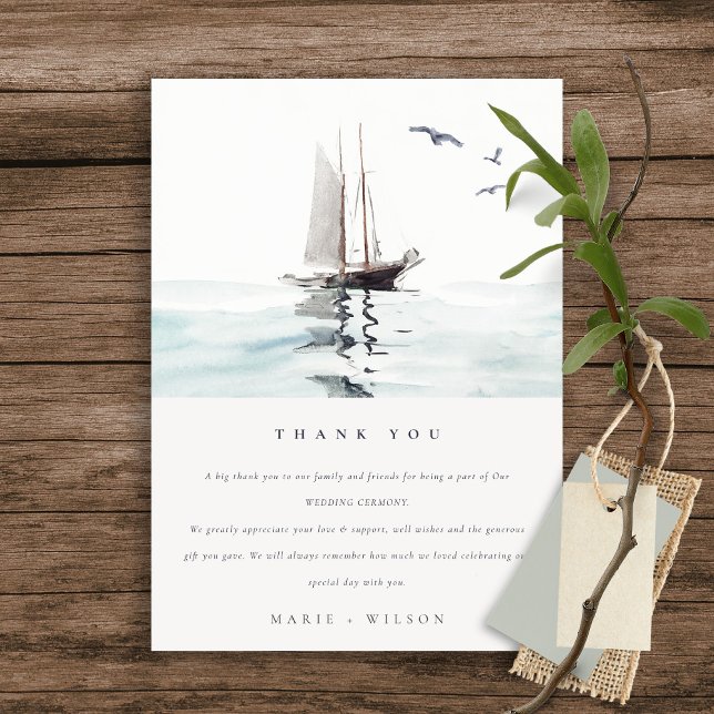 Elegant Watercolor Nautical Sailing Yacht Bröllop Tack Kort (Skapare uppladdad)
