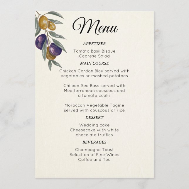 Elegant Watercolor Olive Bröllop Menu Meny (Framsida)