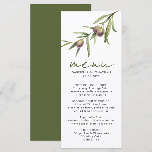 Elegant Watercolor Olive Gren Bröllop Menu Meny (Fram/baksida)