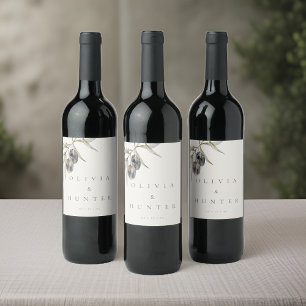 Elegant Watercolor Olive Gren Bröllop Vinflaska Etikett