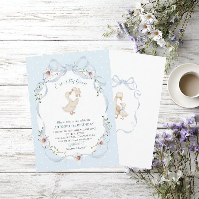 Elegant  Watercolor One 1st Birthday silly goose B Inbjudningar (Skapare uppladdad)