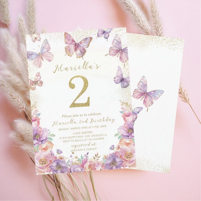 Elegant  Watercolor One 2nd Birthday Butterfly Gir Inbjudningar (Skapare uppladdad)