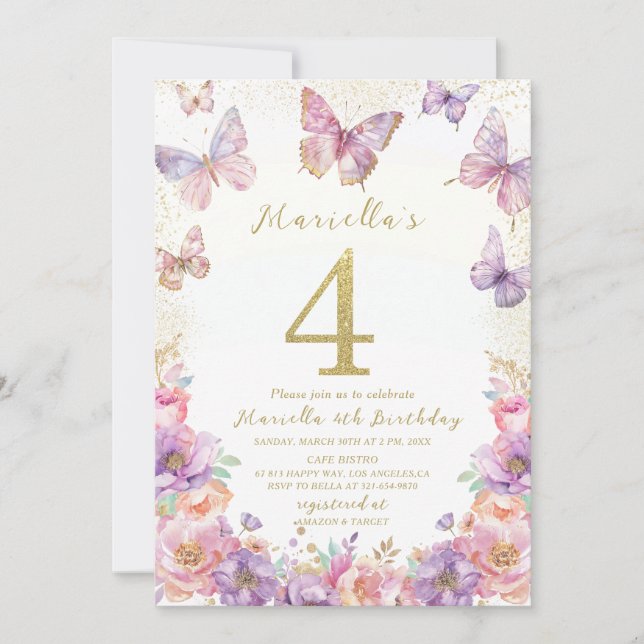 Elegant  Watercolor One 4-års födelsedag Fjäril Fl Inbjudningar (Framsida)