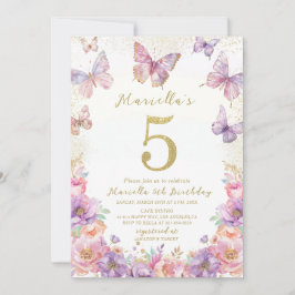Elegant  Watercolor One 5th Birthday Butterfly Gir Inbjudningar