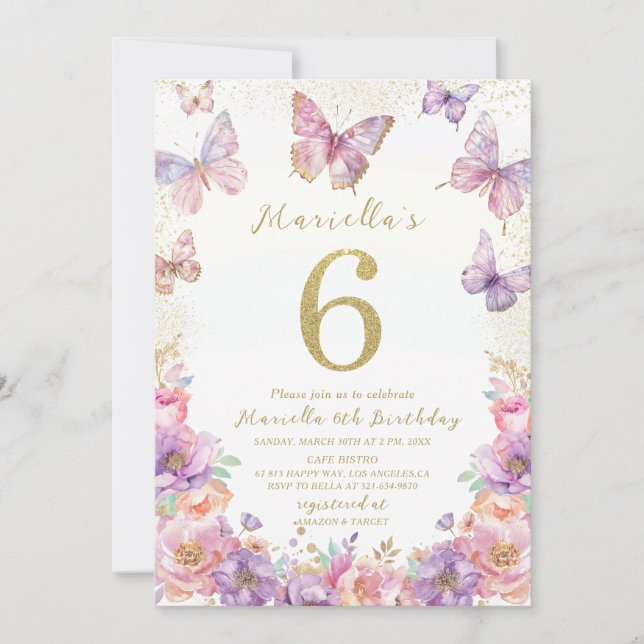 Elegant  Watercolor One 6th Birthday Butterfly Gir Inbjudningar (Framsida)