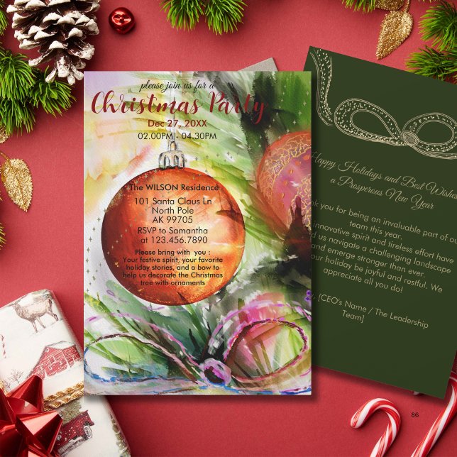 Elegant Watercolor Ornament Christmas Party Inbjudningar (Elegant Watercolor Ornament Christmas Party Invitation)