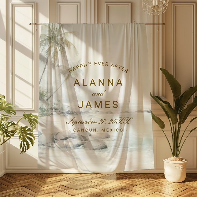 Elegant Watercolor Palm Beach Wedding Keepsake Fleecefilt (Beach-themed wedding tapestry with “Alanna and James” text hanging in a sunlit room.)