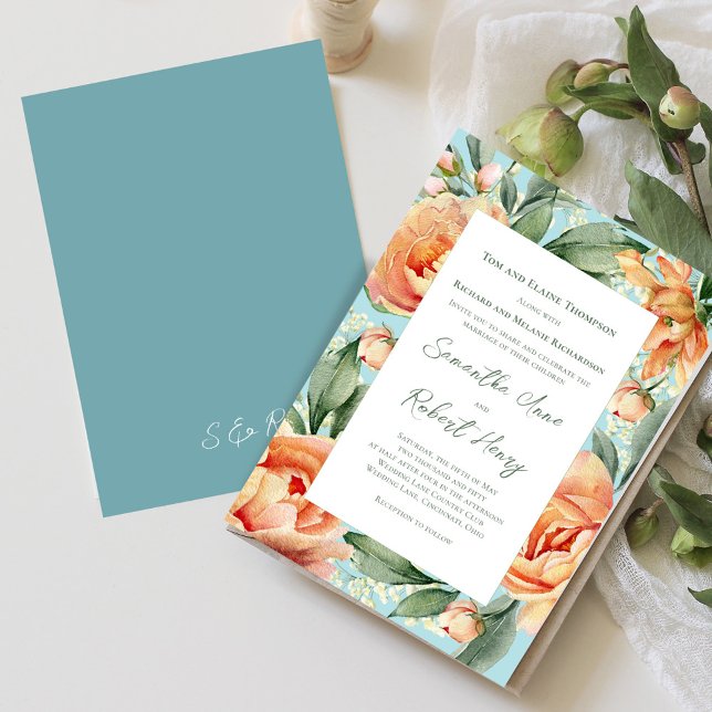 Elegant Watercolor Peach Blommigt Bröllop Inbjudningar (Peach floral elegant invitation)