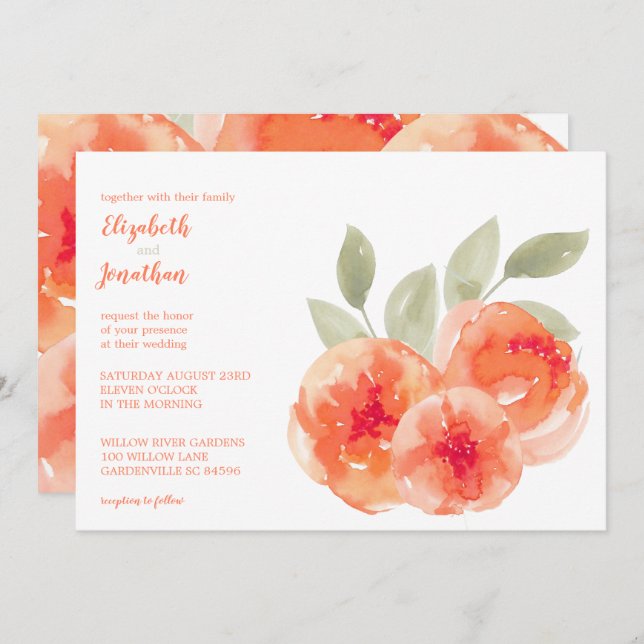 Elegant Watercolor Peach Peonies Blommigt Bröllop Inbjudningar (Fram/baksida)