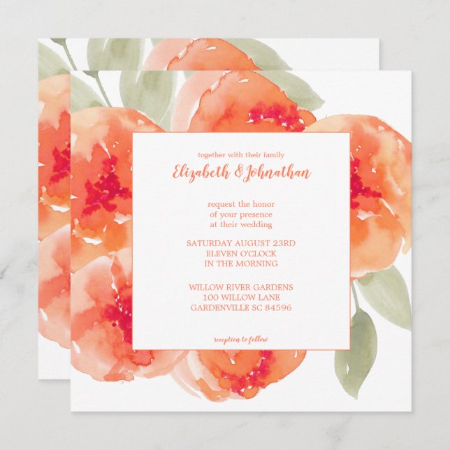 Elegant Watercolor Peach Peonies Blommigt Bröllop Inbjudningar (Fram/baksida)
