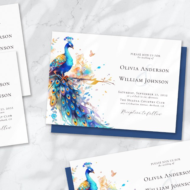 Elegant Watercolor Peacock Bröllop Inbjudningar (Skapare uppladdad)