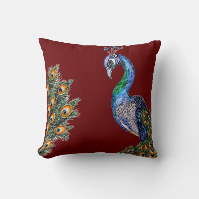 Elegant Watercolor Peacock Burgundy Kudde (Framsida)