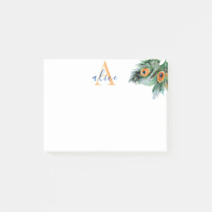 Elegant Watercolor Peacock Feather Monogram Post-it Block