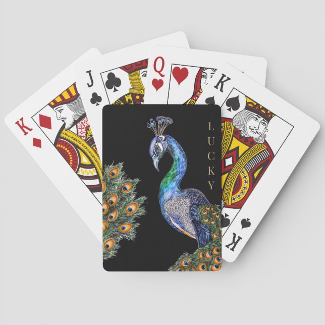 Elegant Watercolor Peacock Lucky Casinokort (Baksidan)