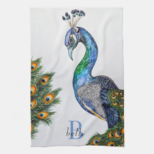 Elegant Watercolor Peacock Monogram Kökshandduk (Vertikal)