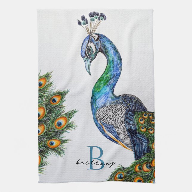 Elegant Watercolor Peacock Monogram Kökshandduk (Vertikal)