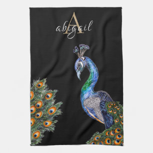 Elegant Watercolor Peacock Monogram Kökshandduk