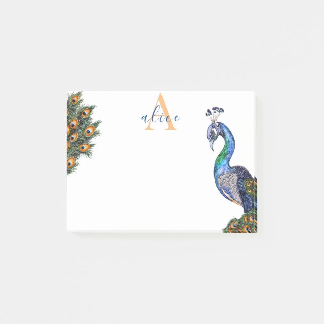 Elegant Watercolor Peacock Monogram Post-it Block (Framsida)
