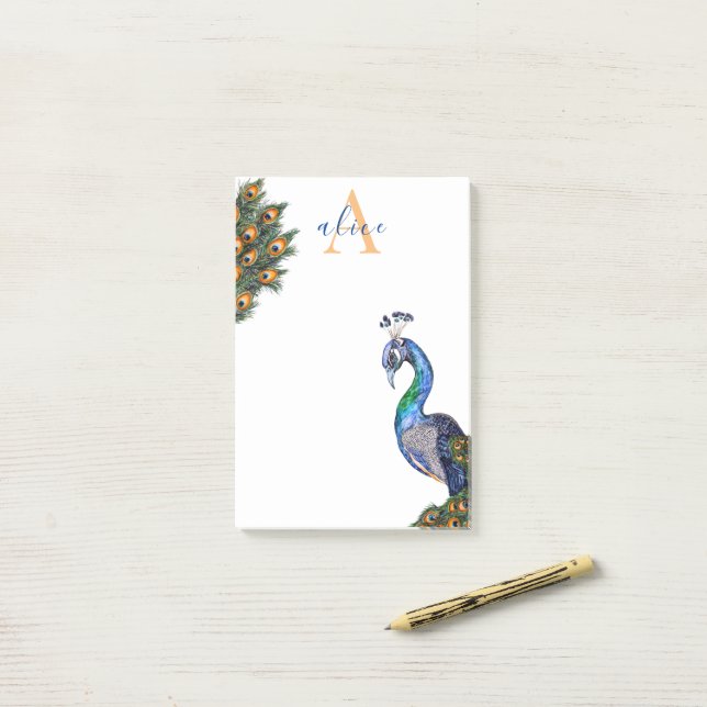 Elegant Watercolor Peacock Monogram Post-it Block (På skrivbordet)