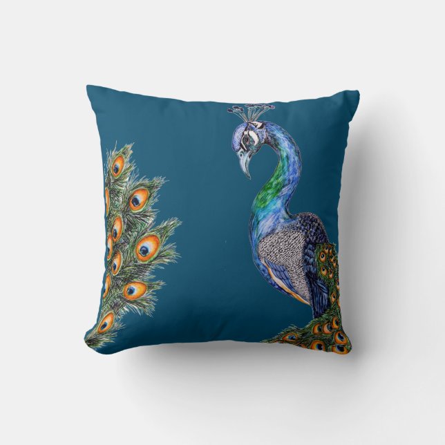 Elegant Watercolor Peacock Navy Kudde (Framsida)