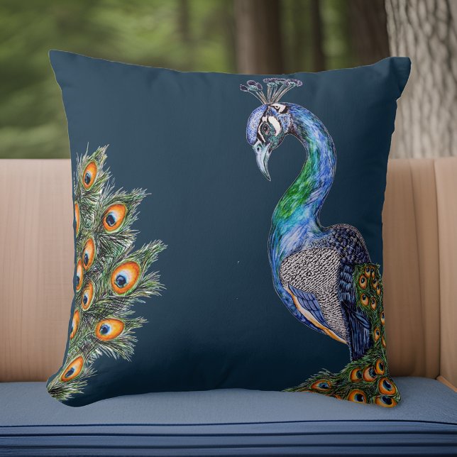 Elegant Watercolor Peacock Navy Kudde (Skapare uppladdad)