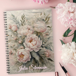 Elegant Watercolor Peonies with Pastel Greenery Anteckningsbok