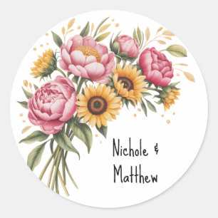 Elegant Watercolor Peony Bouquet Bröllop Runt Klistermärke