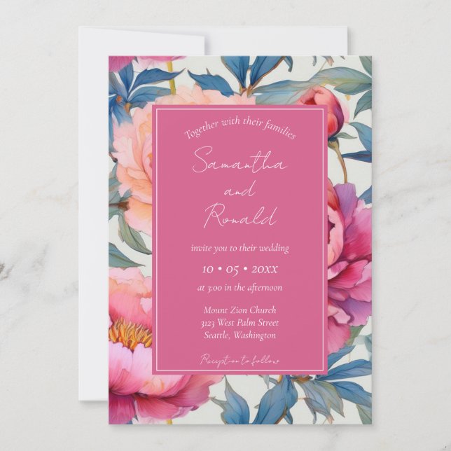 Elegant Watercolor Peony Flowers Bröllop Inbjudningar (Framsida)