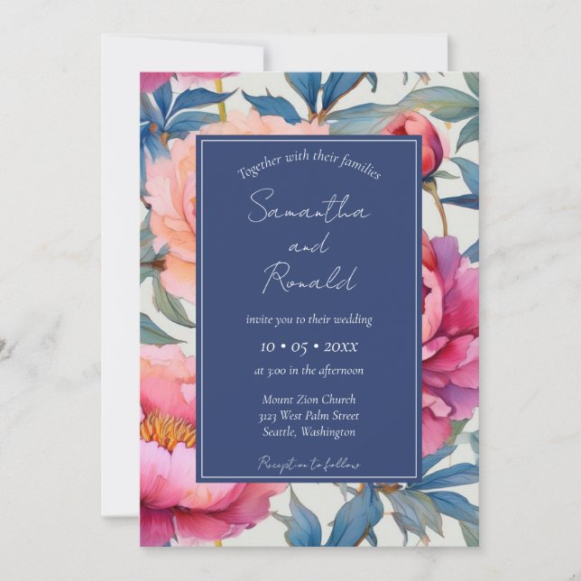 Elegant Watercolor Peony Flowers Bröllop Inbjudningar (Framsida)