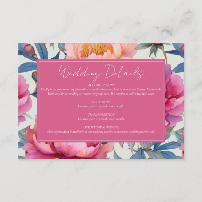 Elegant Watercolor Peony Flowers Bröllop Tilläggskort (Framsida)