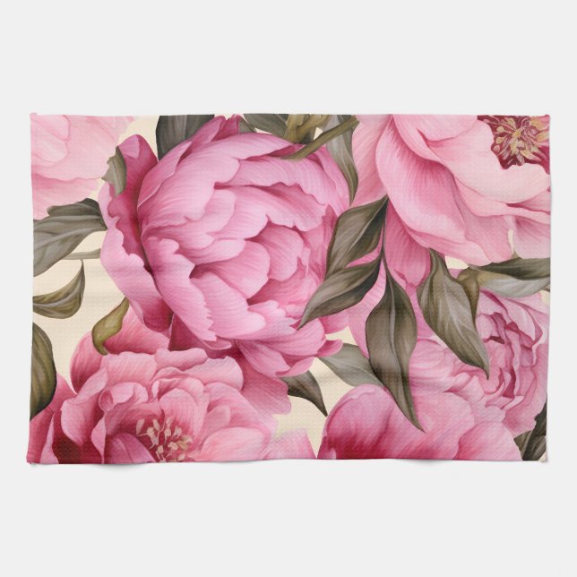 Elegant Watercolor Peony Flowers Kökshandduk (Horisontell)