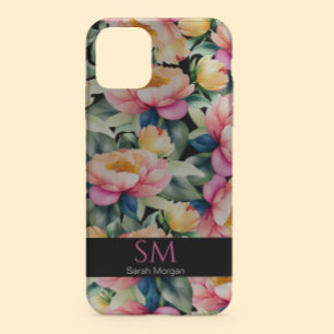 Elegant Watercolor Peony på Black Monogram
