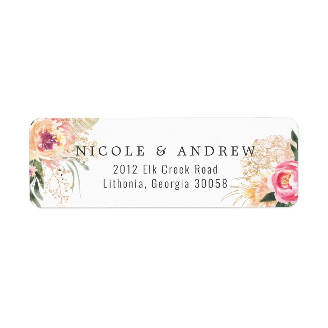 Elegant Watercolor Peony | ROSA BLOMMIGT BRÖLLOP Returadress Etikett (Framsidan)