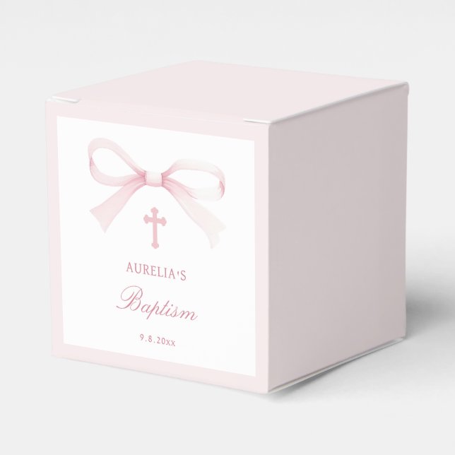 Elegant Watercolor Pink Bow Baptism Cube Presentaskar (Framsidan Sidan)