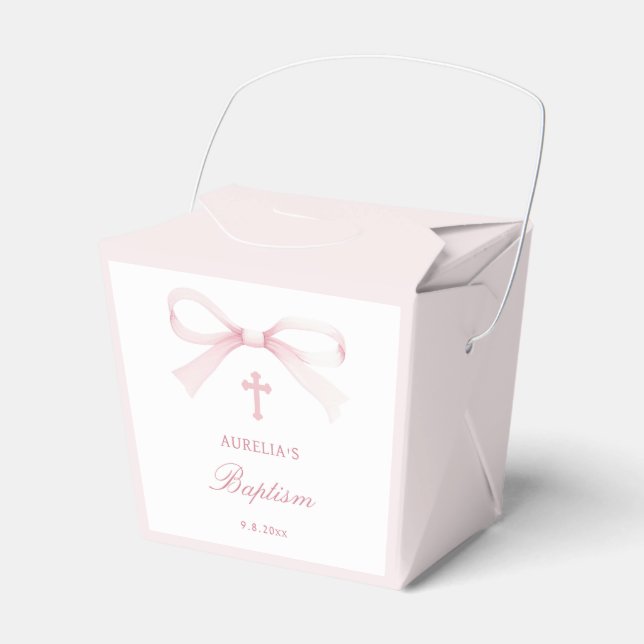 Elegant Watercolor Pink Bow Baptism Take Out Presentaskar (Framsidan Sidan)