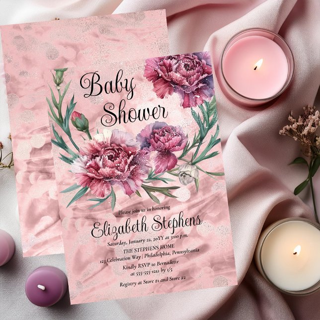Elegant Watercolor Pink Carnations Baby Shower Inbjudningar (Elegant Watercolor Pink Carnations Girl Baby Shower Invitation - Print | Digital Download)