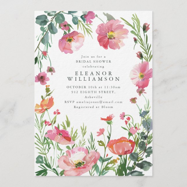 Elegant Watercolor Pink Floral Bridal Shower Inbjudningar (Framsida)