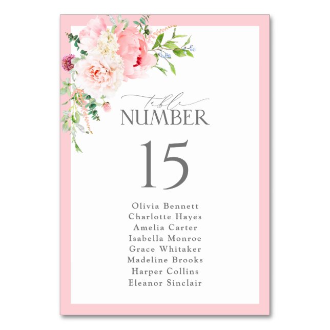 Elegant Watercolor Pink Flowers Bridal Shower Bordsnummer (Framsidan)