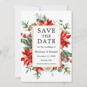 Elegant Watercolor Poinsettia Blommigt Greenery Spara Datumet