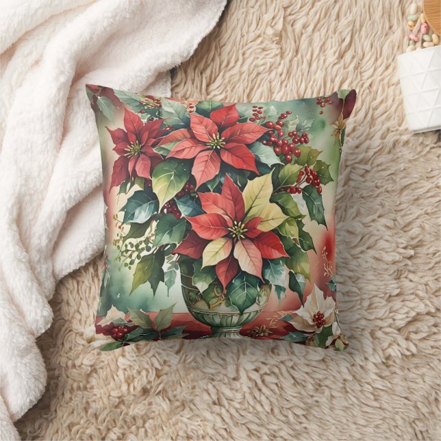 Elegant Watercolor Poinsettia Bouquet Kudde (Filt)