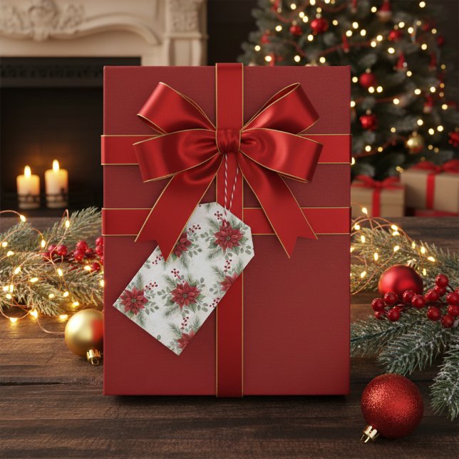 Elegant Watercolor Poinsettia Christmas To / From  Presentetikett (Holiday floral poinsettia gift tag)