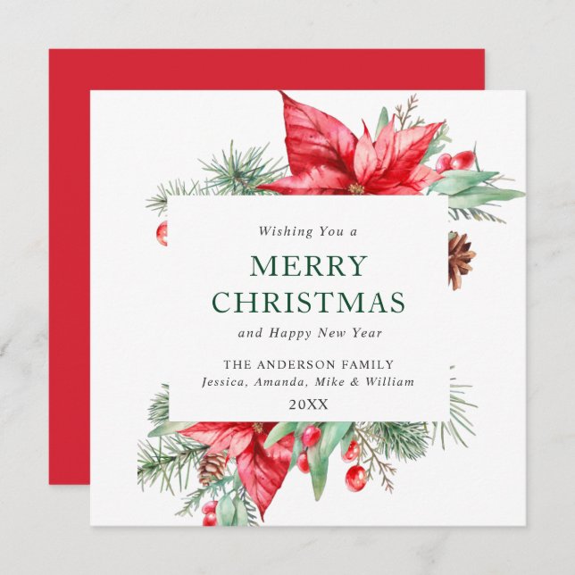 Elegant Watercolor Poinsettia jul Hälsning Julkort (Fram/baksida)