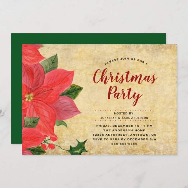 Elegant Watercolor Poinsettia jul Party Inbjudningar (Fram/baksida)