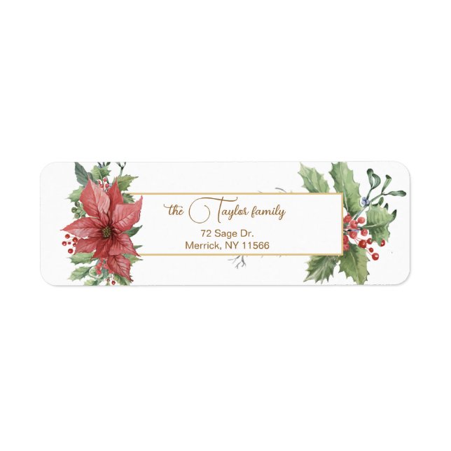 Elegant Watercolor Poinsettias & Holly Returadress Etikett (Framsidan)