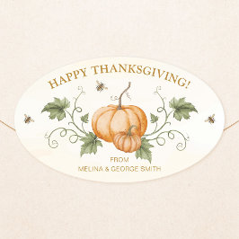 Elegant Watercolor Pumpkin et Bees Thanksgiving Ovalt Klistermärke