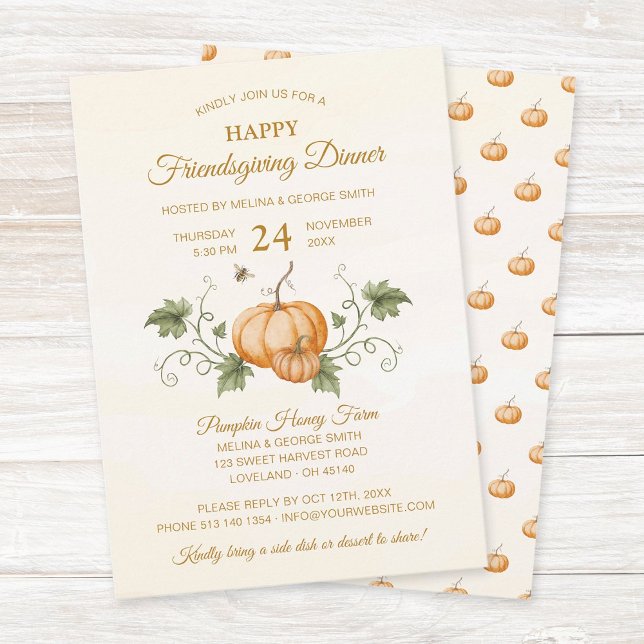 Elegant Watercolor Pumpkins Friendsgiving Dinner Inbjudningar (Elegant friendsgiving dinner party invitation featuring watercolor pumpkins, vines, leaves and bees.)