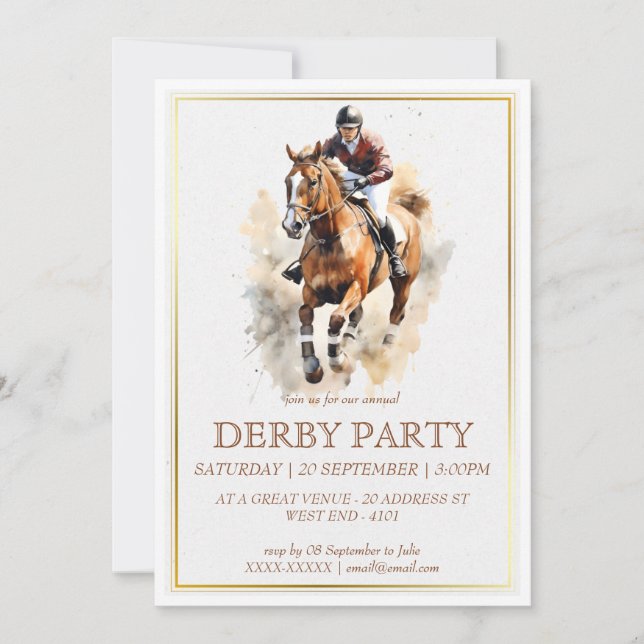 Elegant Watercolor Racehors Derby Party Equestrian Inbjudningar (Framsida)