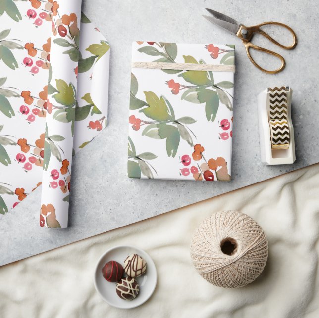 Elegant Watercolor Red Berry jul-Blommigt Presentpapper (Hantverk)